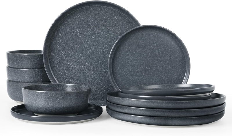 Famiware Milkyway Plates and Bowls Sets 12 Pieces Dinnerware Sets Reactive Glaze Dish Set Stoneware Dishes Set for 4 Matte Dark Charcoal - Image 1