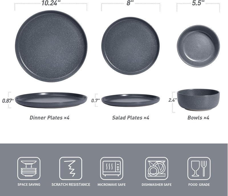 Famiware Milkyway Plates and Bowls Sets 12 Pieces Dinnerware Sets Reactive Glaze Dish Set Stoneware Dishes Set for 4 Matte Dark Charcoal - Image 2