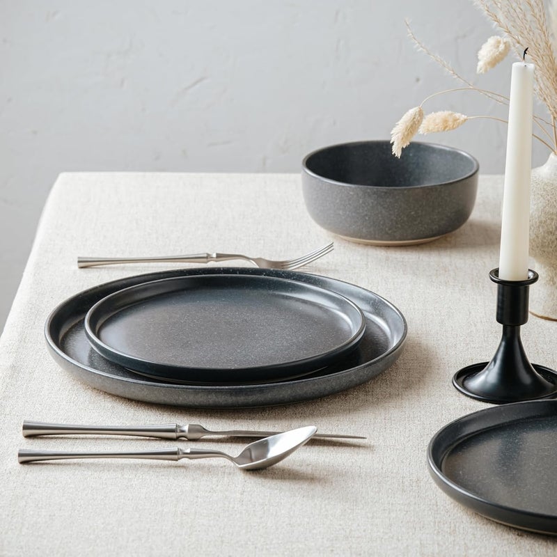 Famiware Milkyway Plates and Bowls Sets 12 Pieces Dinnerware Sets Reactive Glaze Dish Set Stoneware Dishes Set for 4 Matte Dark Charcoal - Image 3
