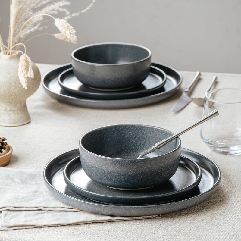 Famiware Milkyway Plates and Bowls Sets 12 Pieces Dinnerware Sets Reactive Glaze Dish Set Stoneware Dishes Set for 4 Matte Dark Charcoal - Image 4