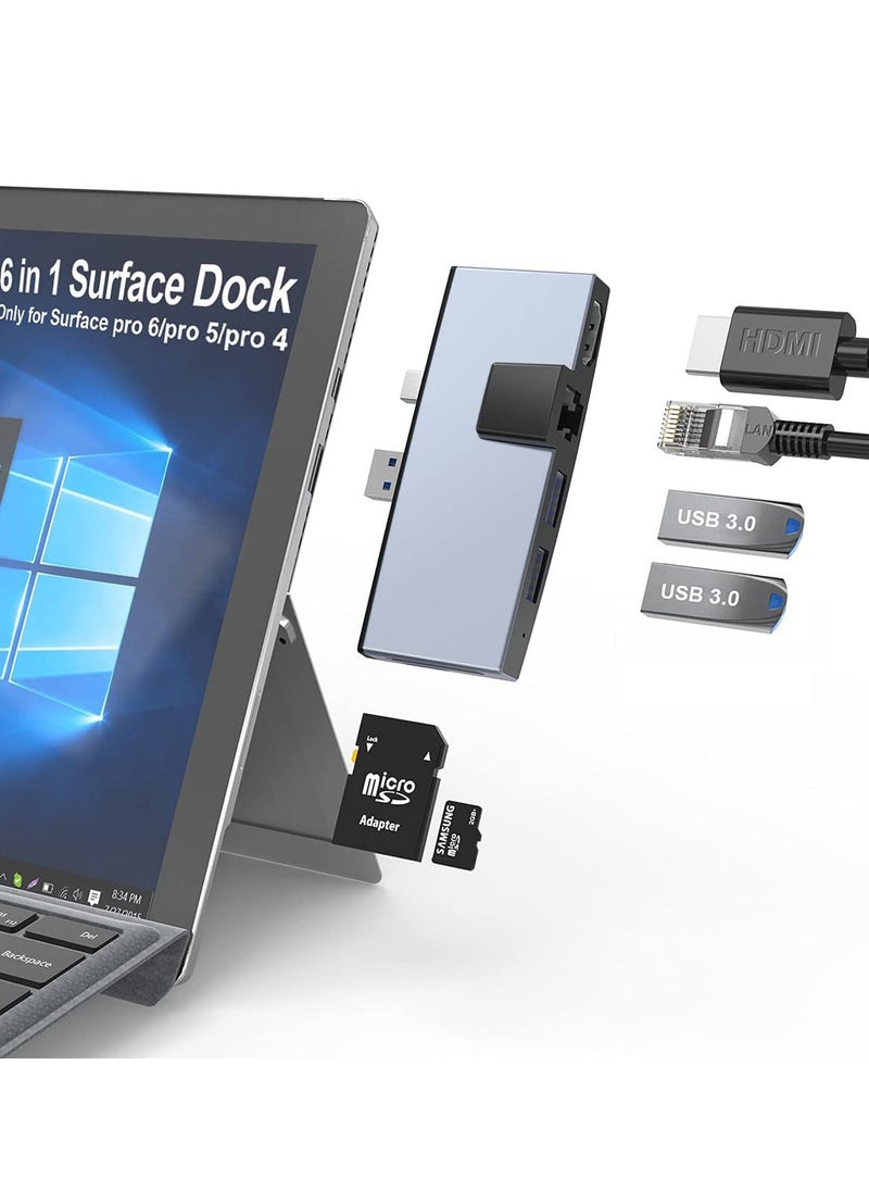 Y&D USB C Hub, Surface Pro 4/5/6 Docking Station, 2 UsSB 3.0 Hub Ports SD & TF/Micro Memory Card Reader, Mini DP to 4K HDMI, 1USB Ethernet Adapter  - Image 1