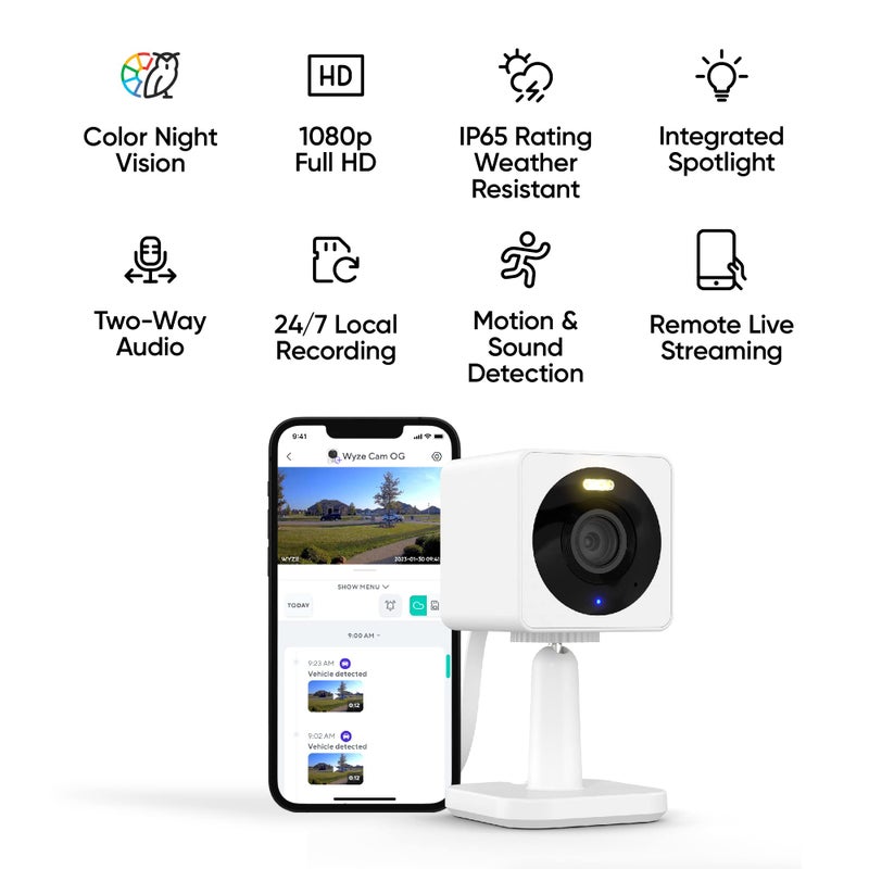 WYZE Cam OG Indoor/Outdoor 1080p Wi-Fi Smart Home Security Camera with Color Night Vision, Wired, Motion Detection, 2-Way Audio, Compatible with Alexa & Google, White (2-Pack), Free Expert Setup - Image 2