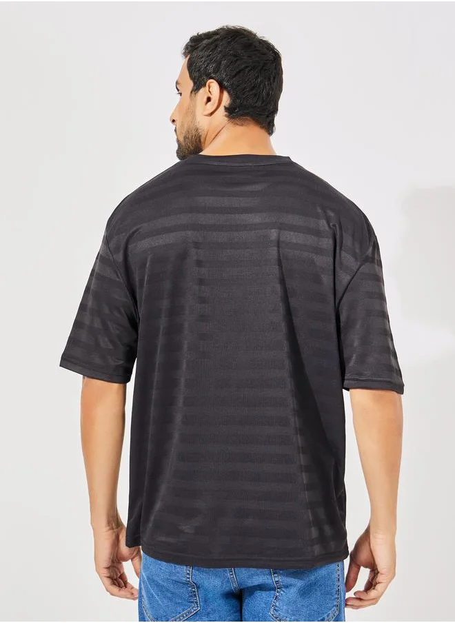 Styli Self Stripe Stretch Knit Oversized Crew Neck T-Shirt