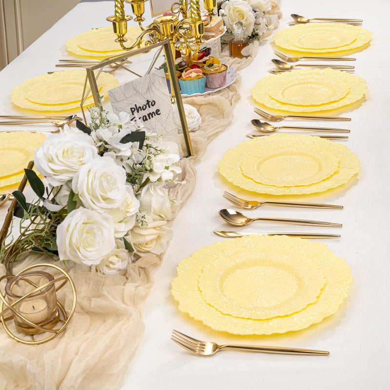 SUT 60PCS Light Yellow Plastic Plates, Disposable Plates, Include 10 inch Yellow Dinner Plates And 7 inch Dessert plates, plates Disposable Heavy Duty for Party/Picnic - Image 5