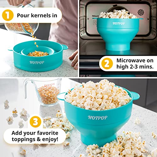 HOTPOP The Original Hotpop Microwave Popcorn Bowl Popper, Silicone Popcorn Maker, Collapsible Bowl and Dishwasher Safe- 20 Colors Available (Cyan) - Image 3