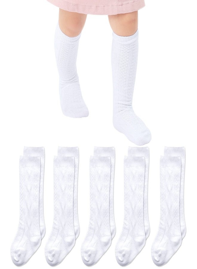 Mini angel Baby Knee High Socks White Seamless Knee Socks 5 Pairs Cable Knit Cotton Stockings for Infant Toddler Boys Girls (White, 6-12 Months) - Image 1