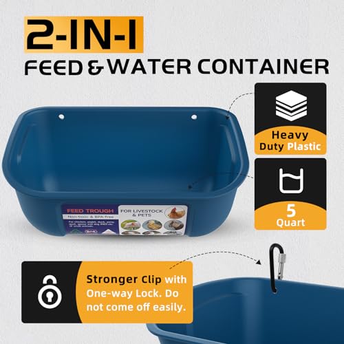 Goovilla Chicken Feeder Waterer, Hanging or Screw-in Fence Feeders with Clips, 2 Pack 5 Quart Goat Feeding Supplies, Duck Piglet Sheeple Coop Dog Livestock Poultry Plastic Feeder Trough Bucket, Blue - Image 2
