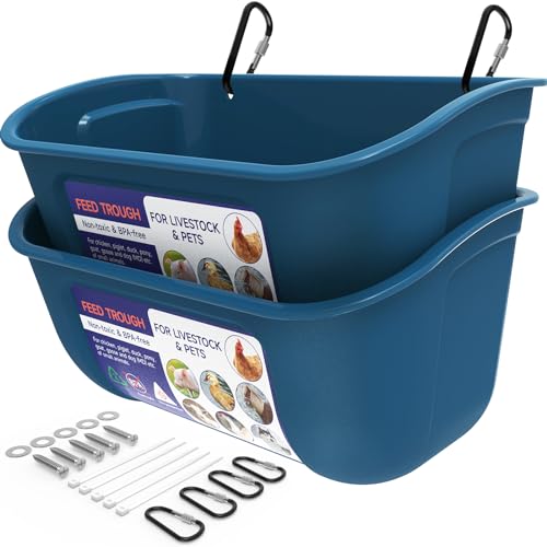 Goovilla Chicken Feeder Waterer, Hanging or Screw-in Fence Feeders with Clips, 2 Pack 5 Quart Goat Feeding Supplies, Duck Piglet Sheeple Coop Dog Livestock Poultry Plastic Feeder Trough Bucket, Blue - Image 1