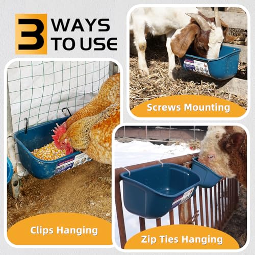 Goovilla Chicken Feeder Waterer, Hanging or Screw-in Fence Feeders with Clips, 2 Pack 5 Quart Goat Feeding Supplies, Duck Piglet Sheeple Coop Dog Livestock Poultry Plastic Feeder Trough Bucket, Blue - Image 3