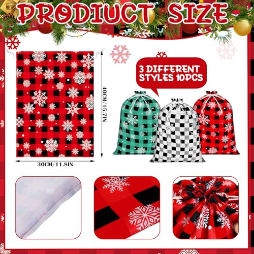 Shappy 10 Pcs Christmas Buffalo Plaid Drawstring Bags Snowfake Red Green Black Wrapping Gift Bags 118 x 157 Inch Large Winter Cotton Wrapping for Party Favors118 x 157 InchRed Green Black - Image 3