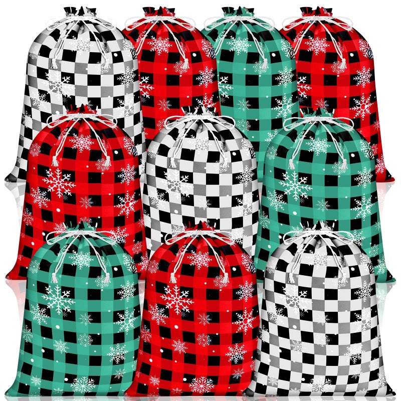 Shappy 10 Pcs Christmas Buffalo Plaid Drawstring Bags Snowfake Red Green Black Wrapping Gift Bags 118 x 157 Inch Large Winter Cotton Wrapping for Party Favors118 x 157 InchRed Green Black - Image 2