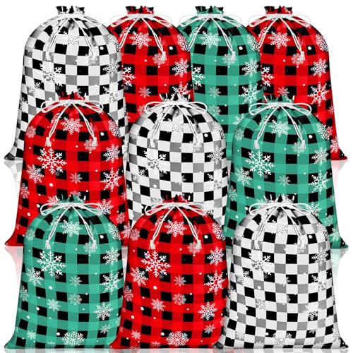 Shappy 10 Pcs Christmas Buffalo Plaid Drawstring Bags Snowfake Red Green Black Wrapping Gift Bags 118 x 157 Inch Large Winter Cotton Wrapping for Party Favors118 x 157 InchRed Green Black - Image 1