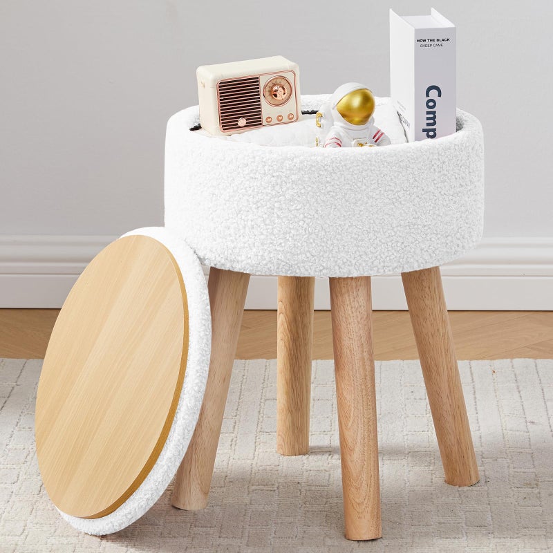 BRIAN & DANY Vanity Stool, Sherpa Vanity Stool Chair with Storage, Round Makeup Chair Soft Padded Seat with Legs for Bedroom (White) - Image 1