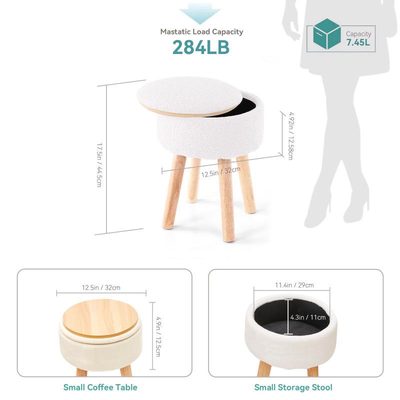 BRIAN & DANY Vanity Stool, Sherpa Vanity Stool Chair with Storage, Round Makeup Chair Soft Padded Seat with Legs for Bedroom (White) - Image 2