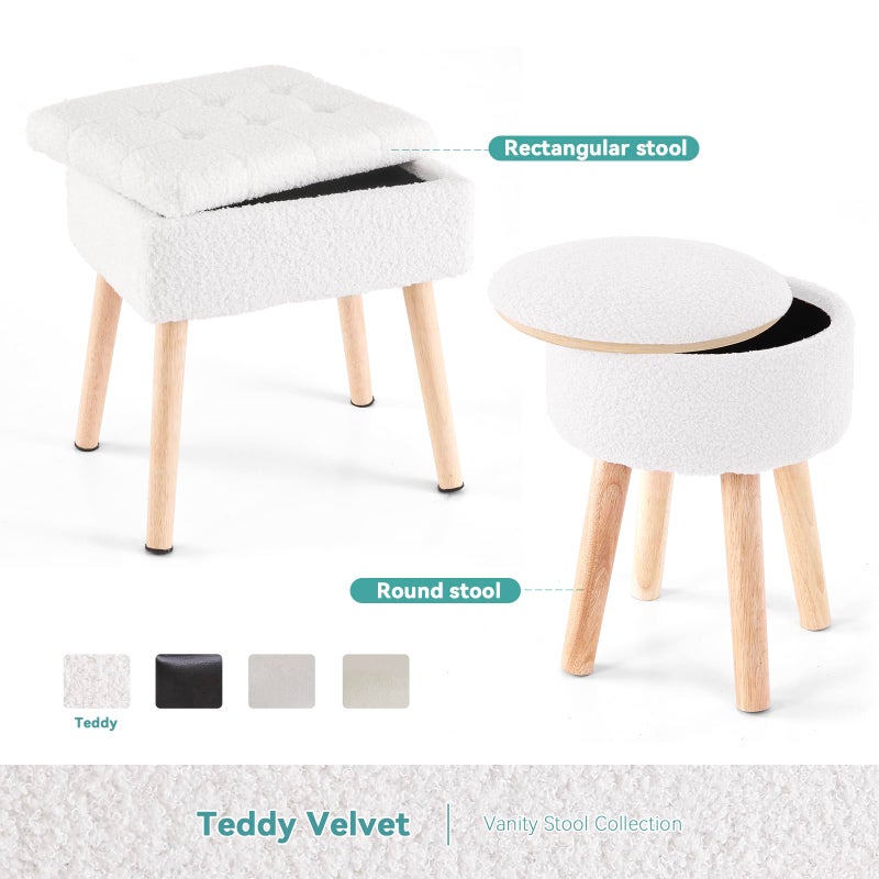 BRIAN & DANY Vanity Stool, Sherpa Vanity Stool Chair with Storage, Round Makeup Chair Soft Padded Seat with Legs for Bedroom (White) - Image 3