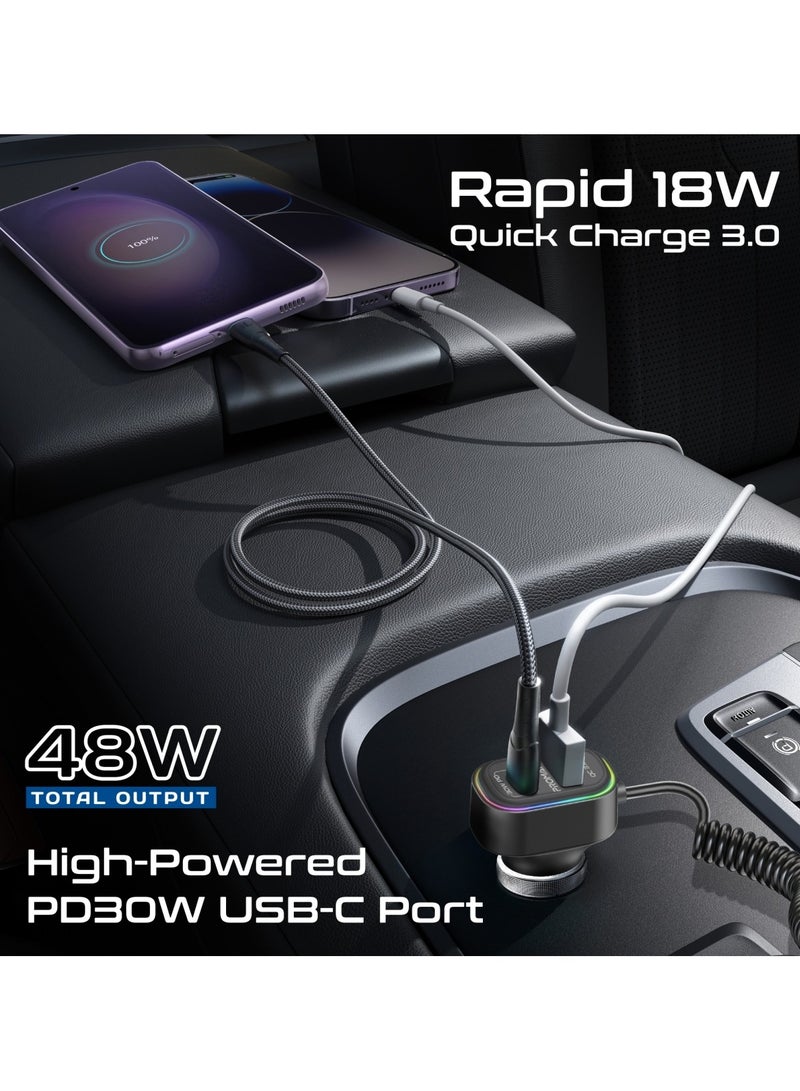 PROMATE Wireless Radio Car Adapter with AC Vent & Dashboard Compatible 1.5m built-in Controller, Bluetooth V5.3, PD30W USB-C, QC3.0 Fast Port, Hands-Free Calling, Dynamic RGB Lights, SmarTune-EXT Black - Image 4