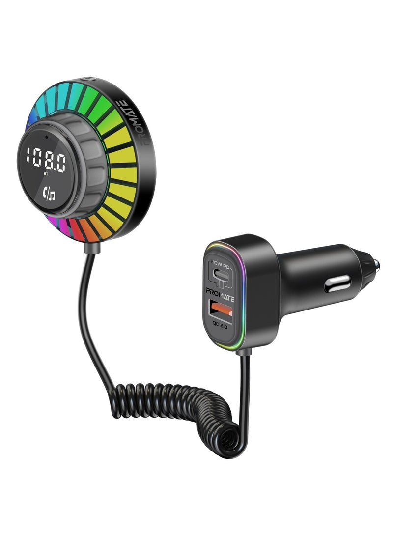 PROMATE Wireless Radio Car Adapter with AC Vent & Dashboard Compatible 1.5m built-in Controller, Bluetooth V5.3, PD30W USB-C, QC3.0 Fast Port, Hands-Free Calling, Dynamic RGB Lights, SmarTune-EXT Black - Image 1