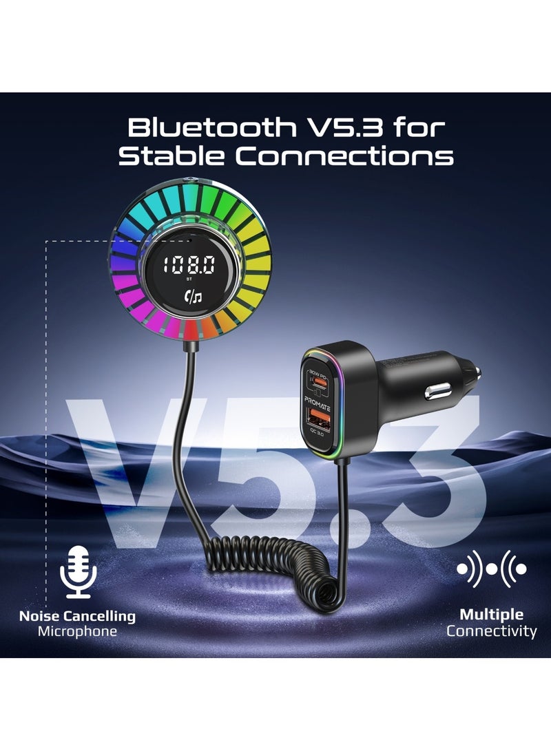 PROMATE Wireless Radio Car Adapter with AC Vent & Dashboard Compatible 1.5m built-in Controller, Bluetooth V5.3, PD30W USB-C, QC3.0 Fast Port, Hands-Free Calling, Dynamic RGB Lights, SmarTune-EXT Black - Image 5
