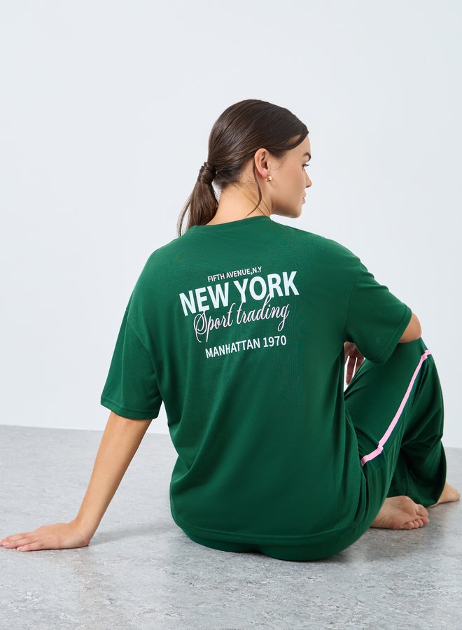 Styli NYC Back Graphic Drop Shoulder T-Shirt and Side Stripe Pyjama Set - Image 1