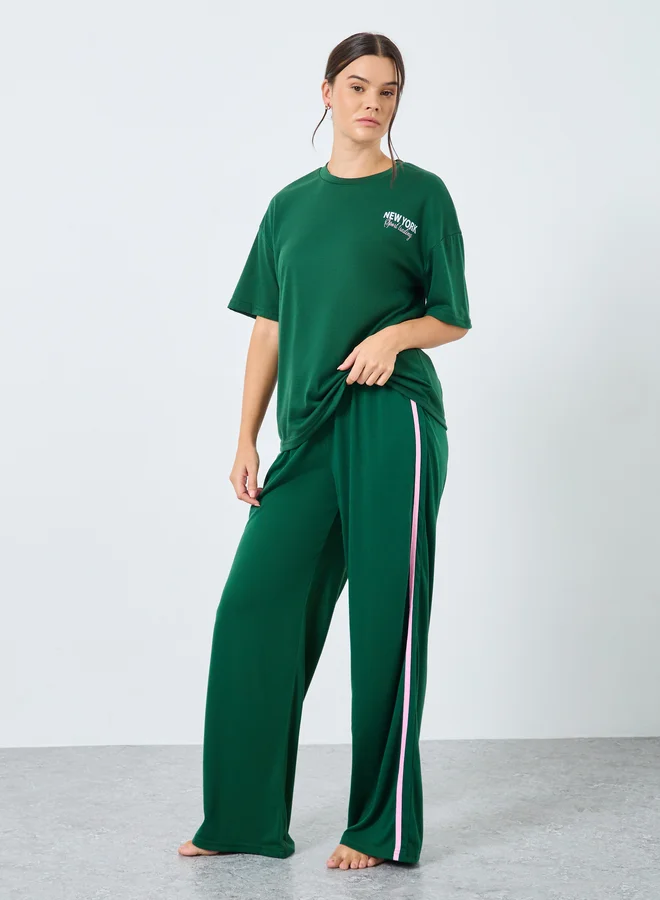 Styli Styli NYC Back Graphic Drop Shoulder T-Shirt and Side Stripe Pyjama Set
