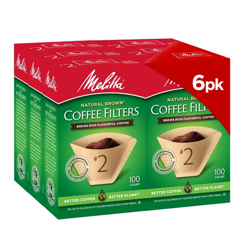 Melitta #2 Cone Coffee Filters, Natural Brown, 100 Count (Pack Of 6), 600 Total Filters - Fits all 2-6 Cup Cone Coffee Makers and 1-cup Pour-Over Brewers, Compostable, Tear-Resistant, Made in USA - Image 1