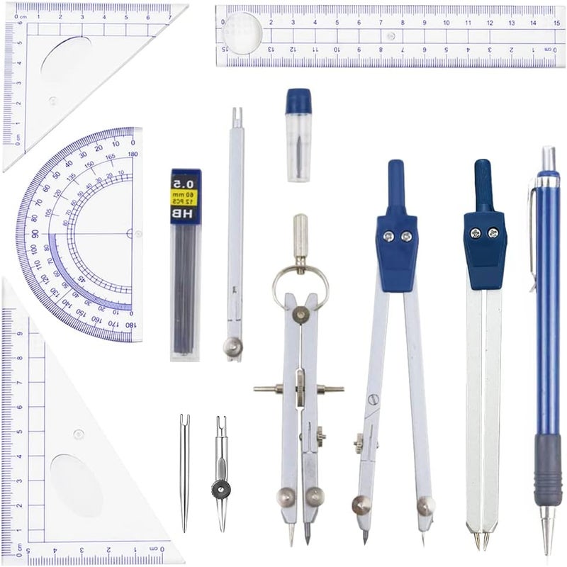 Ysglory 13 Pieces Geometry Set Compass Geometry Tools Math Compass and Protractors Set Metal Drawing Compass Precision Set Graphic Compasses Triangle Rulers Pencils Protractor with Storage Case - Image 4