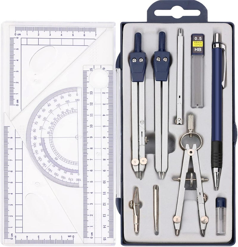 Ysglory 13 Pieces Geometry Set Compass Geometry Tools Math Compass and Protractors Set Metal Drawing Compass Precision Set Graphic Compasses Triangle Rulers Pencils Protractor with Storage Case - Image 1