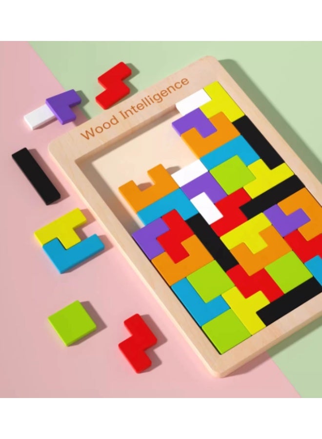 Wooden Blocks Puzzle Brain Teasers Toy Tangram Jigsaw Intelligence Colorful 3D Russian Blocks Game STEM Montessori Educational Gift for Kids - Image 1