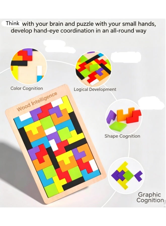 Wooden Blocks Puzzle Brain Teasers Toy Tangram Jigsaw Intelligence Colorful 3D Russian Blocks Game STEM Montessori Educational Gift for Kids - Image 2