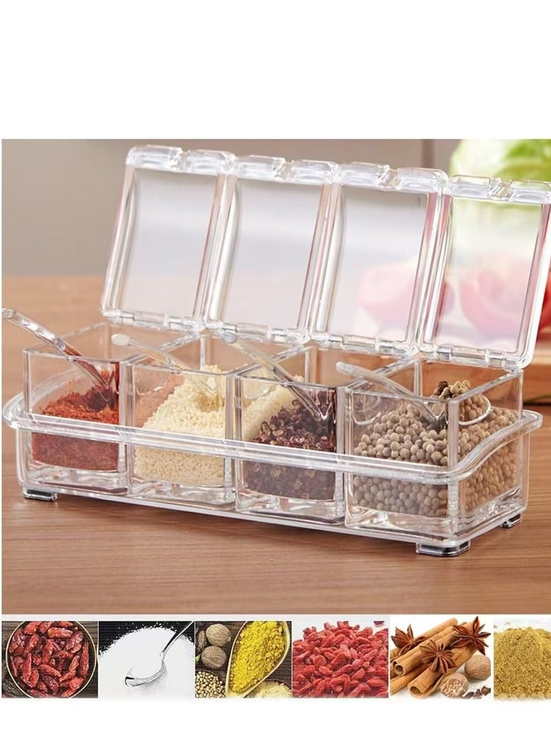 Kitchen Seasoning Box, Seasoning Rack Spice Pots, Storage Container Condiment Jars, 4 Piece Clear Acrylic Cruet with Cover and Spoon Transparent - Image 1