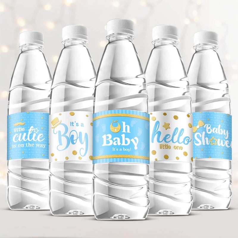 Teling ملصقات زجاجات الماء لحفلة استقبال المولود 80 قطعة ملصقات زجاجات ماء مقاومة للماء ملصقات تغليف لحفلة استقبال المولود بأسلوب ولد أزرق - Image 1