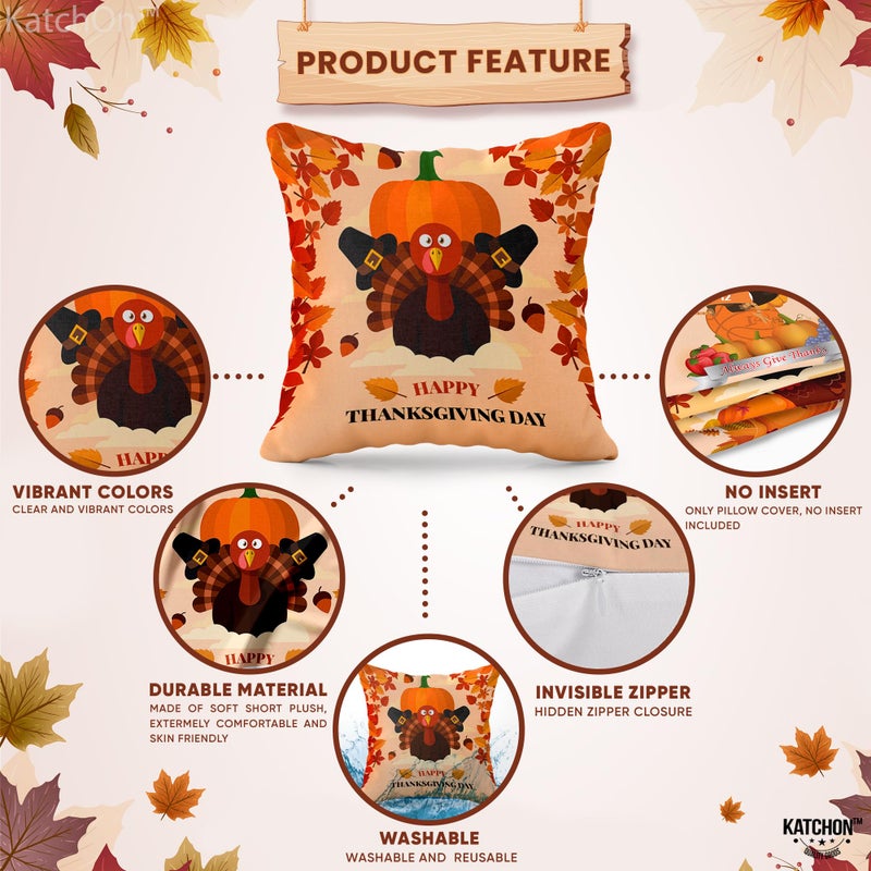 KATCHON KatchOn  Happy Thanksgiving Pillow Covers 18x18 Inch - Set of 4 | Thanksgiving Throw Pillow Covers | Thanksgiving Turkey Pillow Covers | Thanksgiving Party Decorations  Thanksgiving Decorations Indoor - Image 3