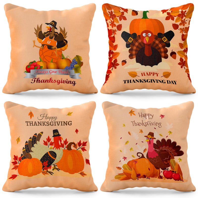 KATCHON KatchOn  Happy Thanksgiving Pillow Covers 18x18 Inch - Set of 4 | Thanksgiving Throw Pillow Covers | Thanksgiving Turkey Pillow Covers | Thanksgiving Party Decorations  Thanksgiving Decorations Indoor - Image 1