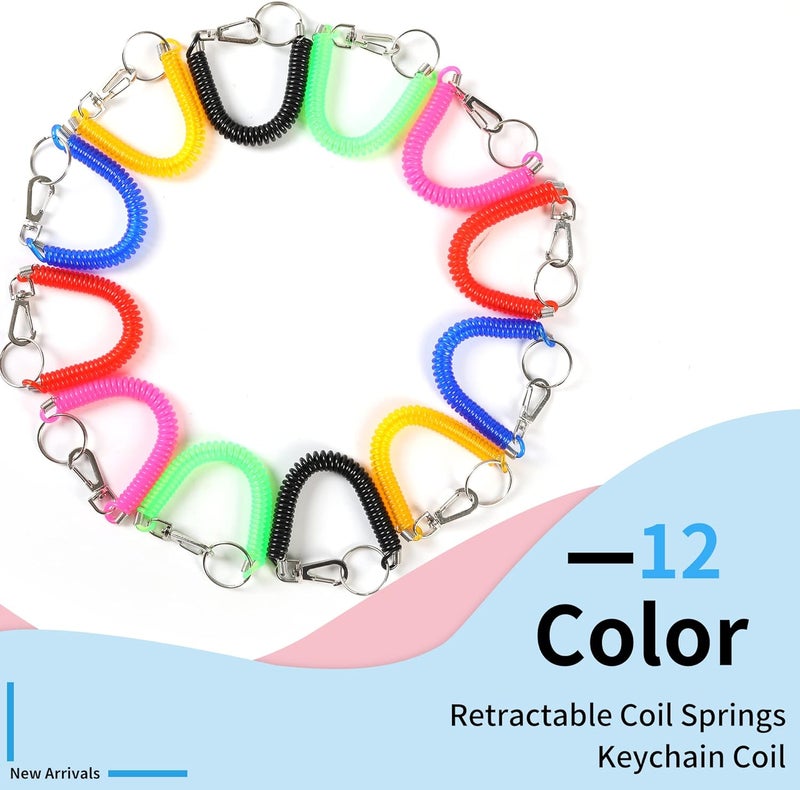 HW 12pcs Retractable Coil Spring Keychain 6 colors Spiral Cord Coil Keychain Holder with Key Ring  Lobster Clasp for Keys Wallet Cellphone and Other Important Item - Image 3