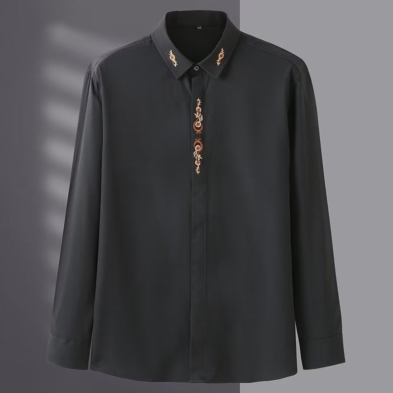 Long Sleeve Shirt Mens Business Casual Personalized Embroidery Plus Size Plus Size Spring and Autumn Summer Thin Shirt Fat Guy Shirt Black - Image 5