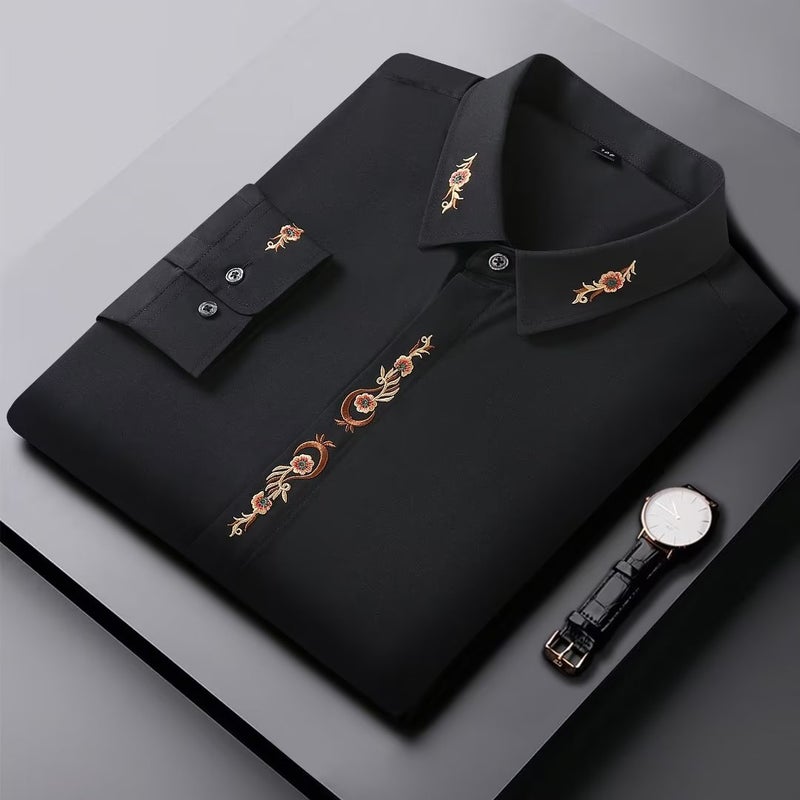 Long Sleeve Shirt Mens Business Casual Personalized Embroidery Plus Size Plus Size Spring and Autumn Summer Thin Shirt Fat Guy Shirt Black - Image 3