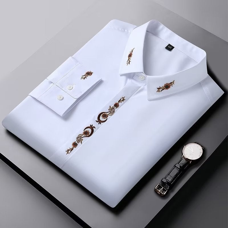Long Sleeve Shirt Mens Business Casual Personalized Embroidery Plus Size Plus Size Spring and Autumn Summer Thin Shirt Fat Guy Shirt Black - Image 2
