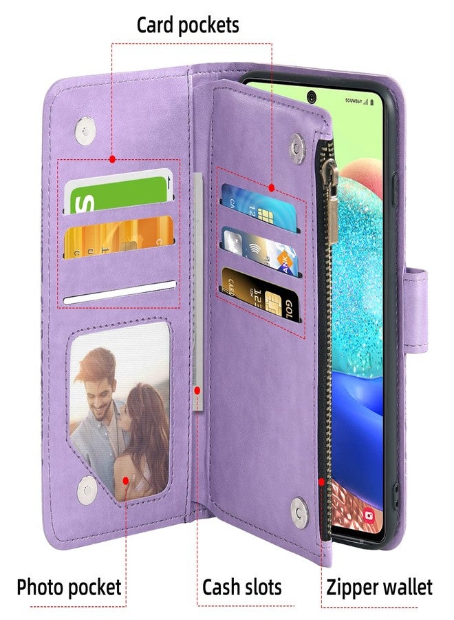 أسو ويش جراب محفظة متوافق مع سامسونج جالاكسي A71 5G من أسويش، مع واقي شاشة من الزجاج المقوى، وحامل بطاقات قابل للطي من الجلد المزخرف بالزهور، وغطاء هاتف محمول، متوافق مع جالاكسي A71 وG5 وجاكسولي 71A وS71، باللون البنفسجي، للرجال والنساء. - Image 3