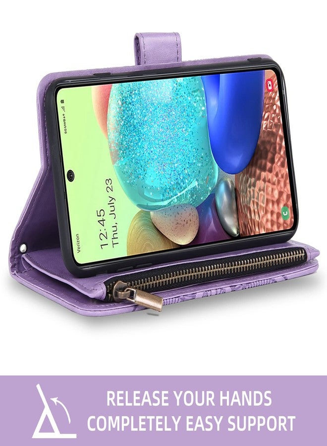 أسو ويش جراب محفظة متوافق مع سامسونج جالاكسي A71 5G من أسويش، مع واقي شاشة من الزجاج المقوى، وحامل بطاقات قابل للطي من الجلد المزخرف بالزهور، وغطاء هاتف محمول، متوافق مع جالاكسي A71 وG5 وجاكسولي 71A وS71، باللون البنفسجي، للرجال والنساء. - Image 4