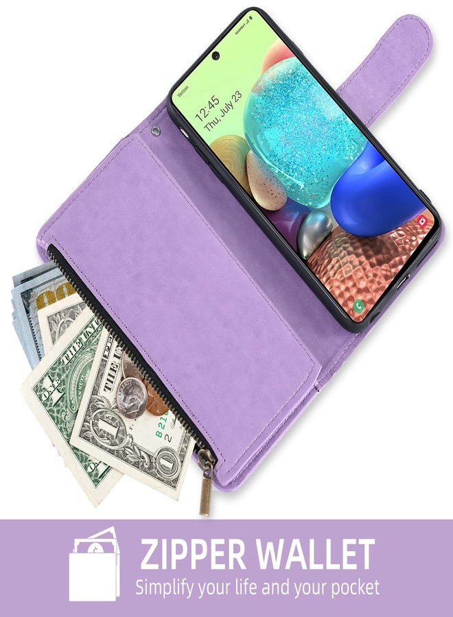 أسو ويش جراب محفظة متوافق مع سامسونج جالاكسي A71 5G من أسويش، مع واقي شاشة من الزجاج المقوى، وحامل بطاقات قابل للطي من الجلد المزخرف بالزهور، وغطاء هاتف محمول، متوافق مع جالاكسي A71 وG5 وجاكسولي 71A وS71، باللون البنفسجي، للرجال والنساء. - Image 5