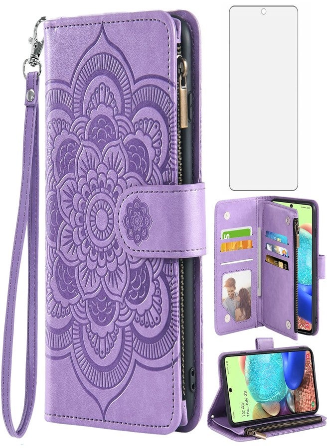 أسو ويش جراب محفظة متوافق مع سامسونج جالاكسي A71 5G من أسويش، مع واقي شاشة من الزجاج المقوى، وحامل بطاقات قابل للطي من الجلد المزخرف بالزهور، وغطاء هاتف محمول، متوافق مع جالاكسي A71 وG5 وجاكسولي 71A وS71، باللون البنفسجي، للرجال والنساء. - Image 1