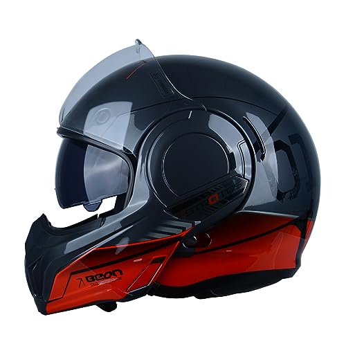 BEON Full Face Motorcycle Helmet DOT Approved 180 Reversible Chin Guard Modular Pilot Helmet with AntiFog Dual Visors for Adult Men Women Glossy Grey Red XLarge - Image 1