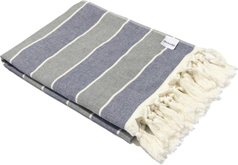 InfuseZen Terry Cloth Lined Turkish Bath  Beach Towel  Striped Design  100 Organic Turkish Cotton  Soft Lightweight Absorbent Peshtemal Quick Dry for Beach Bath Throw Travel  NavyGray - Image 1