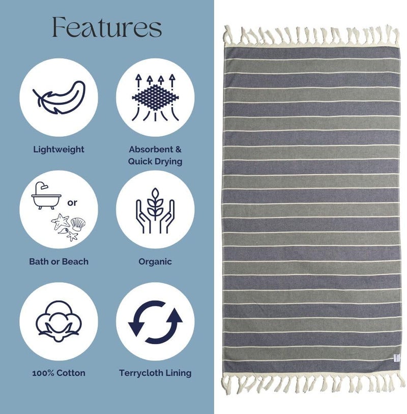 InfuseZen Terry Cloth Lined Turkish Bath  Beach Towel  Striped Design  100 Organic Turkish Cotton  Soft Lightweight Absorbent Peshtemal Quick Dry for Beach Bath Throw Travel  NavyGray - Image 5