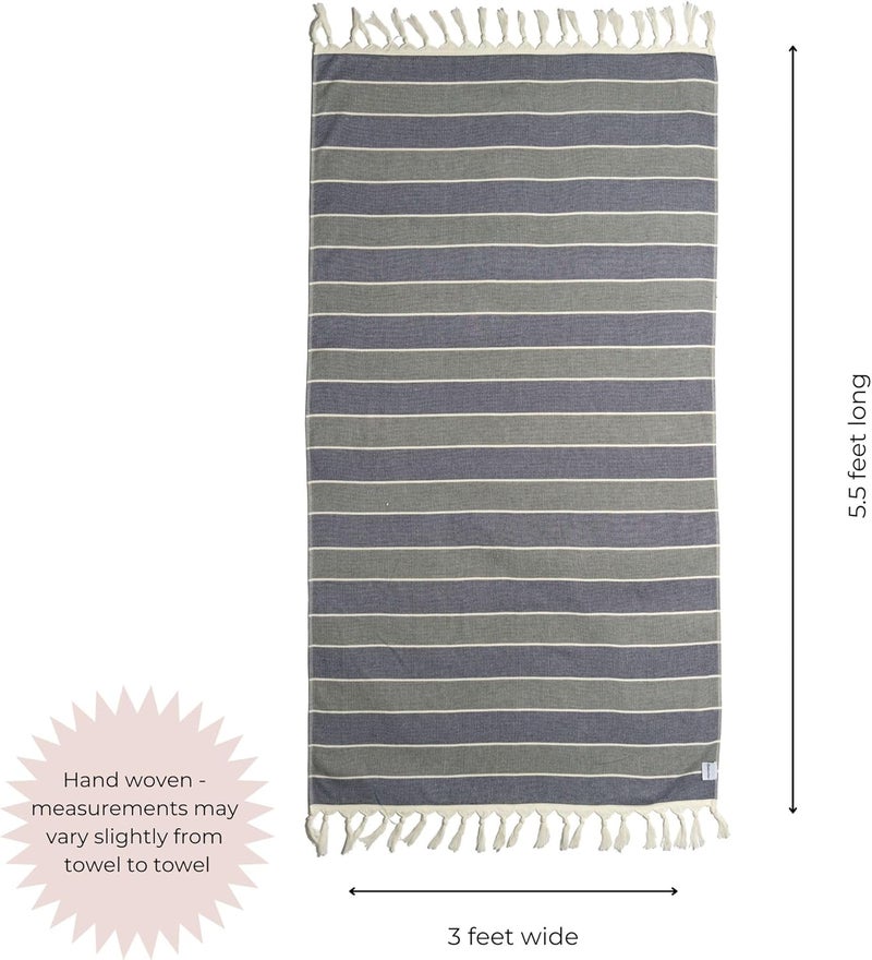 InfuseZen Terry Cloth Lined Turkish Bath  Beach Towel  Striped Design  100 Organic Turkish Cotton  Soft Lightweight Absorbent Peshtemal Quick Dry for Beach Bath Throw Travel  NavyGray - Image 3