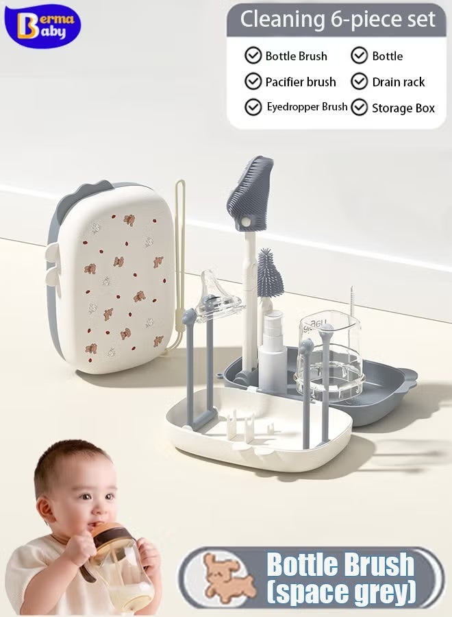 Berma Baby 6 in 1 Baby Bottle Brush, Portable Baby Bottle Brush Cleaning Set, Baby Bottle Cleaning Brush, Silicone Baby Bottle Cleaning Brush, Baby Nipple Cup Nipple Straw Cleaning Brush (Gray) - Image 1