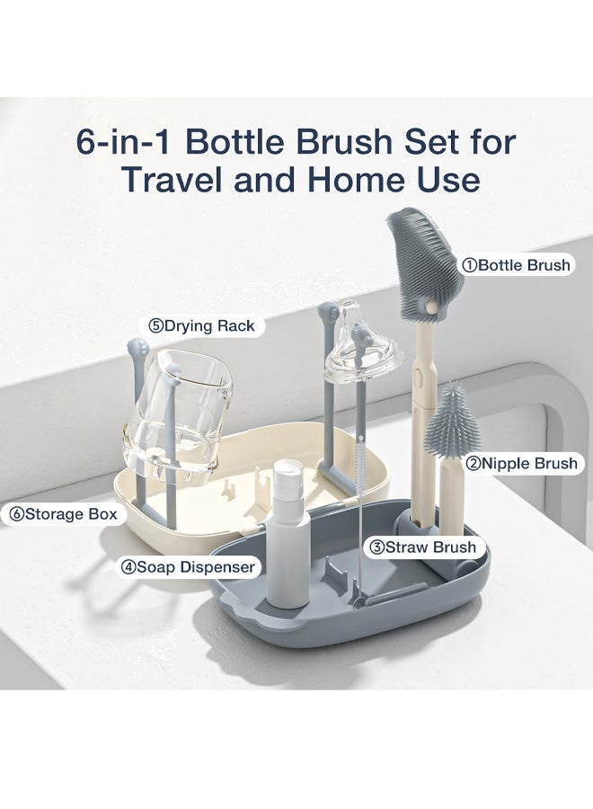 Berma Baby 6 in 1 Baby Bottle Brush, Portable Baby Bottle Brush Cleaning Set, Baby Bottle Cleaning Brush, Silicone Baby Bottle Cleaning Brush, Baby Nipple Cup Nipple Straw Cleaning Brush (Gray) - Image 3