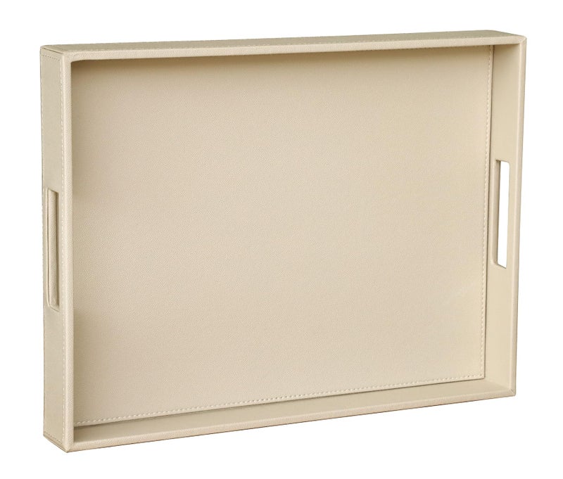 HofferRuffer Rectangle Serving Tray with Hole Handles for Coffee Table Breakfast Tea Food Butler Countertop Kitchen Vanity Serve Tray 162 x 122 x 2 inches Faux Leather Dark CreamWhite