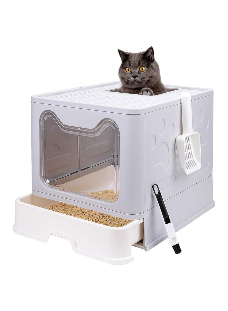 BLOOMING TIME Foldable Drawer Cat Litter Box Space-Saving and Stylish Grey Design (51x41x38cm) - Image 1