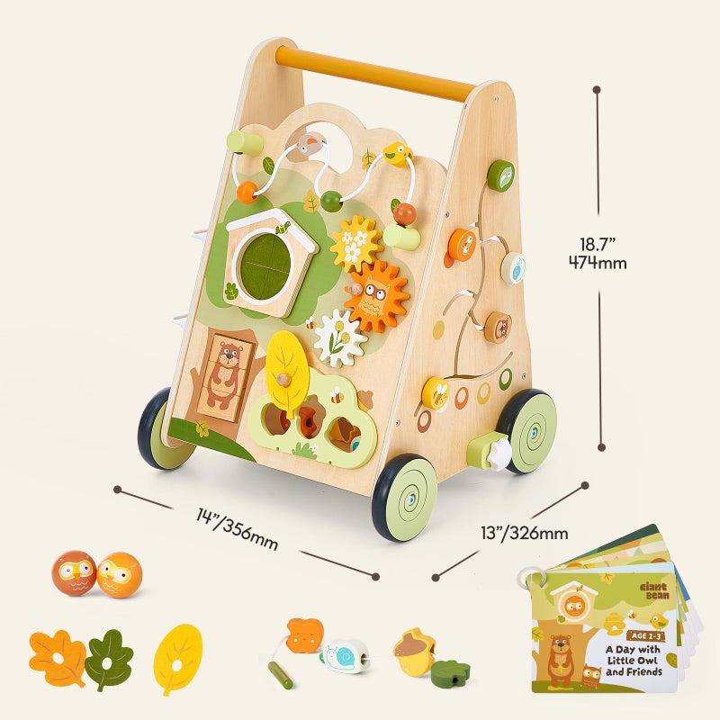 Giant bean Wooden Baby Walker with Activity Center, Forest Themed Montessori Push Toy for Toddlers 1â€“3, Bead Maze, Shape Sorter, Gears, Puzzles & Fine-Motor Learning, Speed Adjustable Wood Walker for First Steps - Image 2
